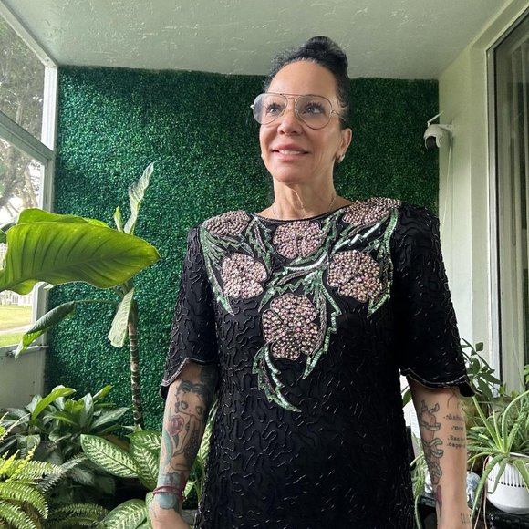 Scala Vintage Floral Leafs Beaded Sequin Top Medium Black Green Red Silk - Picture 3 of 5